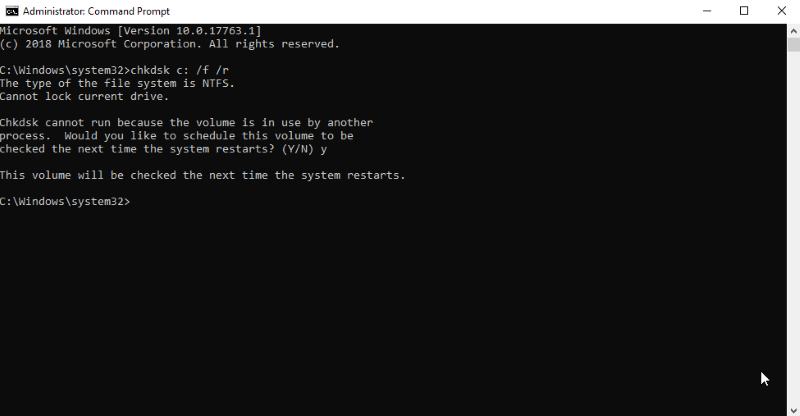 run chkdsk c f command