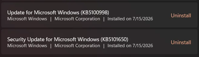 uninstall kb5101650