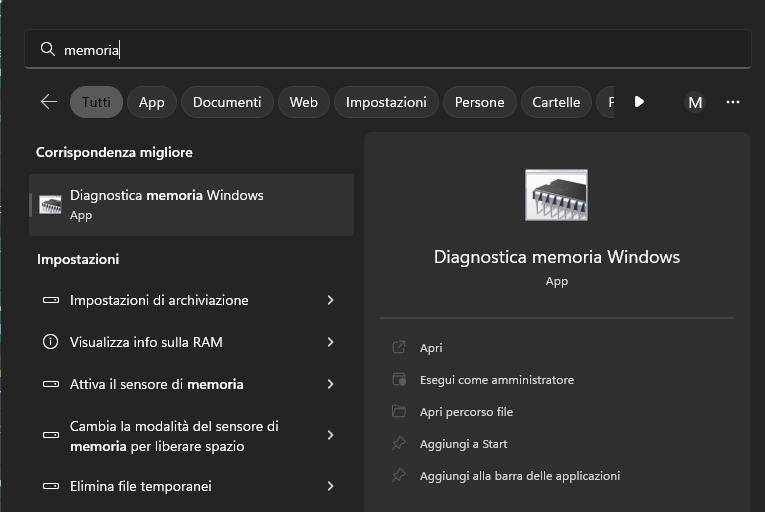 Diagnostica memoria Windows