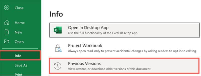 recuperare versione precedente file excel