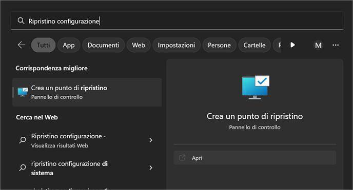 Crea un punto di ripristino