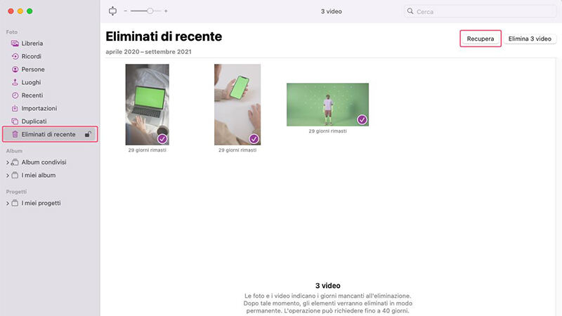 ripristinare i video selezionati