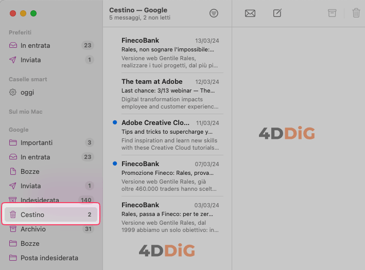 recuperare email cancellate mac