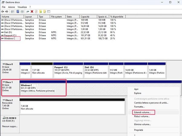 unire spazio non allocato su disco c 2