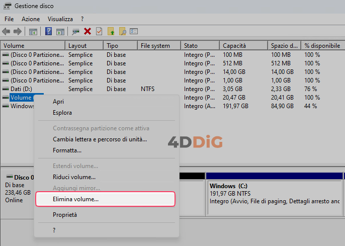 rimuovere partizione da SSD Windows 10