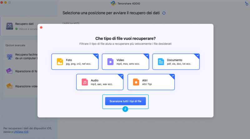 Seleziona il tipo di file che desideri recuperare