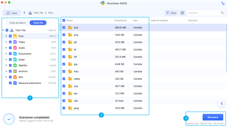 Anteprima e selezione del file recuperato