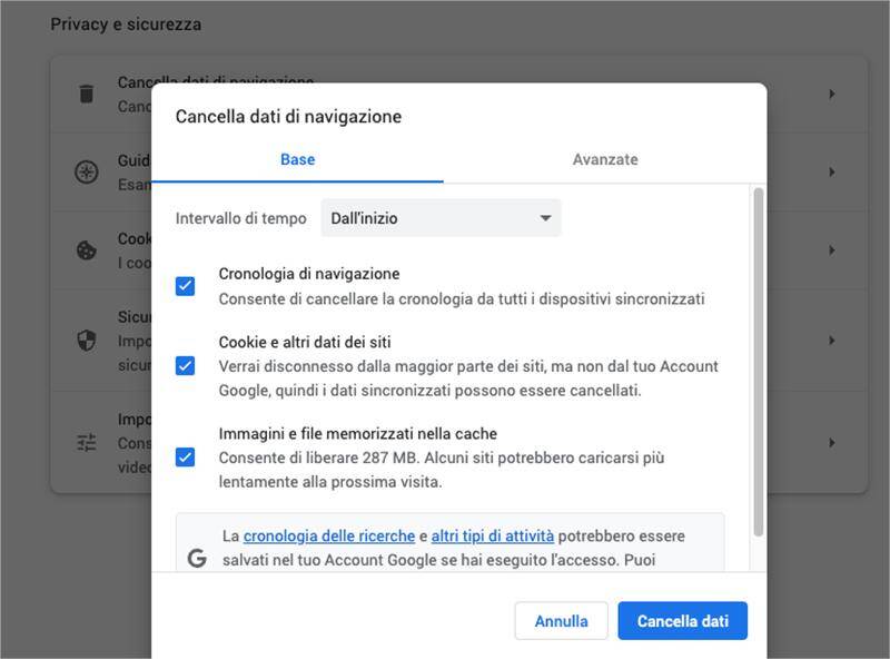 Rimuovi cronologia e dati di navigazione