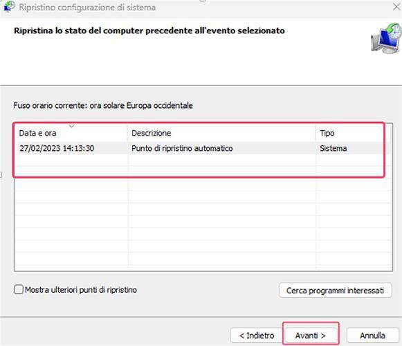 Selezionare il punto di ripristino