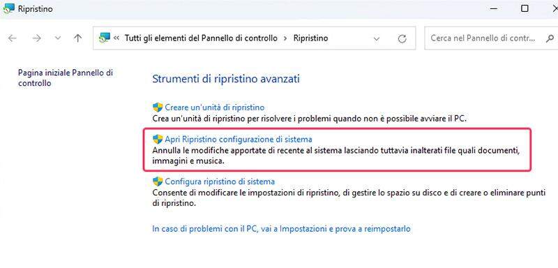 Ripristino configurazione di sistema