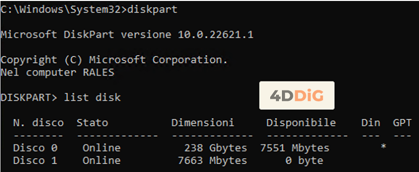 formattare la scheda di memoria usando cmd