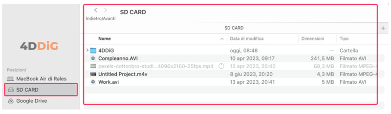 video non mostrati sulla scheda SD Mac