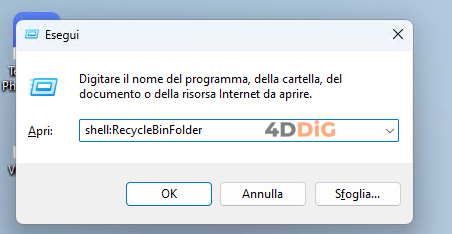 Aprire il cestino dal comando Esegui