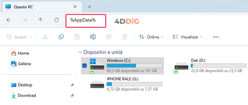 trovare la cartella AppData