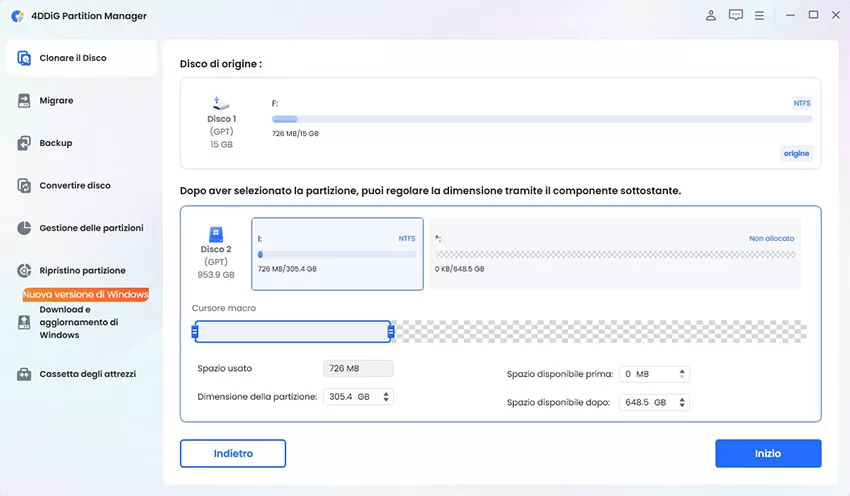 ridimensionare partizione clonata