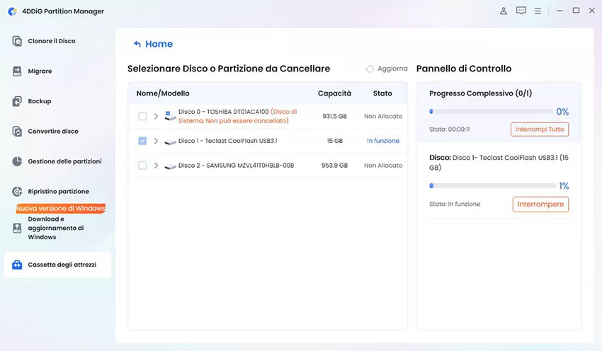 attendere la cancellazione del disco