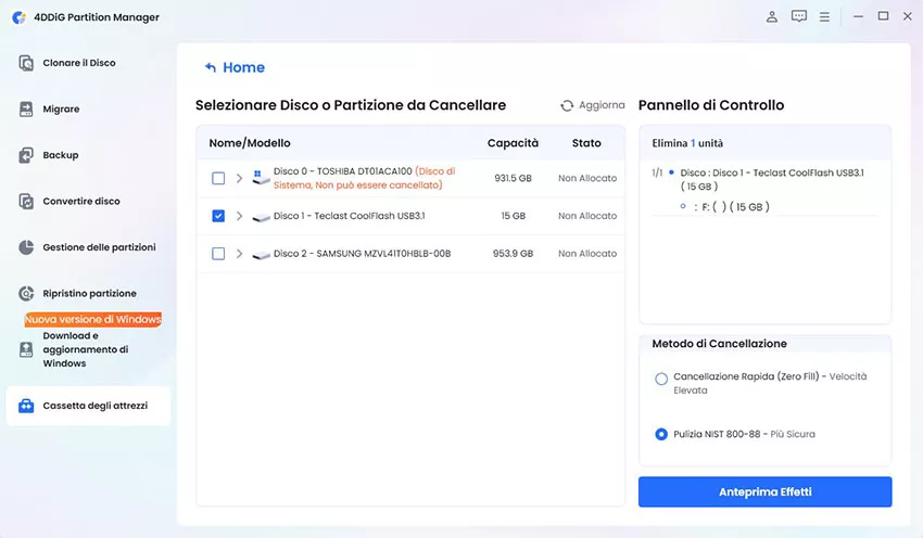 selezionare il disco da cancellare