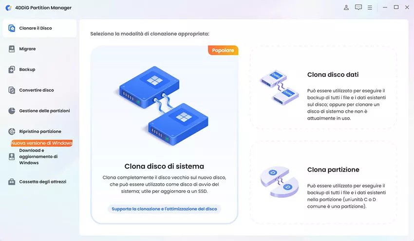 Seleziona disco clone del sistema operativo