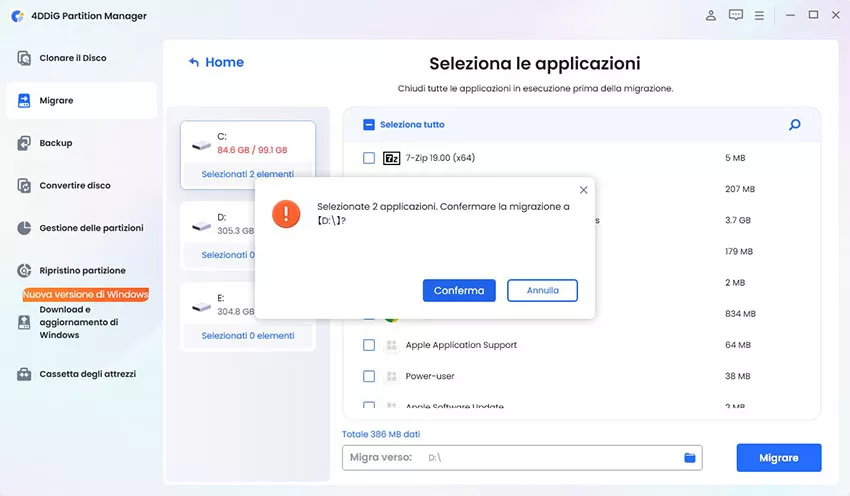 Fai clic su Migra e conferma per iniziare.