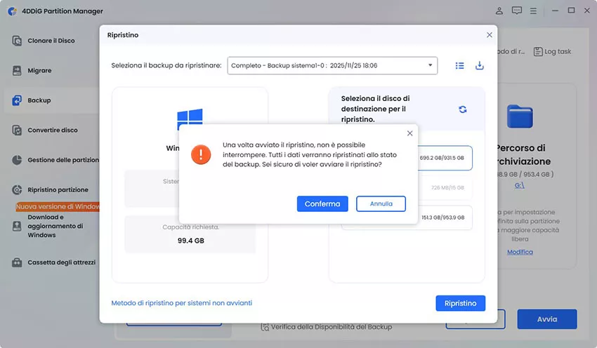 Conferma per avviare il ripristino