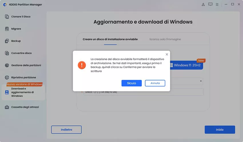 la creazione di un disco di avvio cancellerà tutti i contenuti presenti sul disco