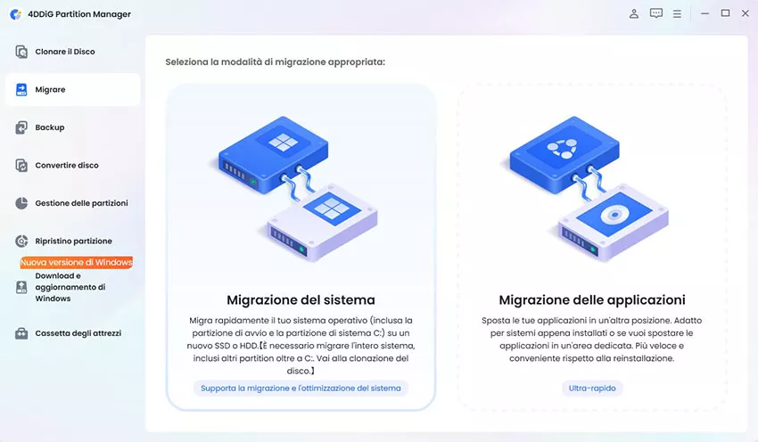 Seleziona Migrazione sistema operativo e clicca su Avvia
