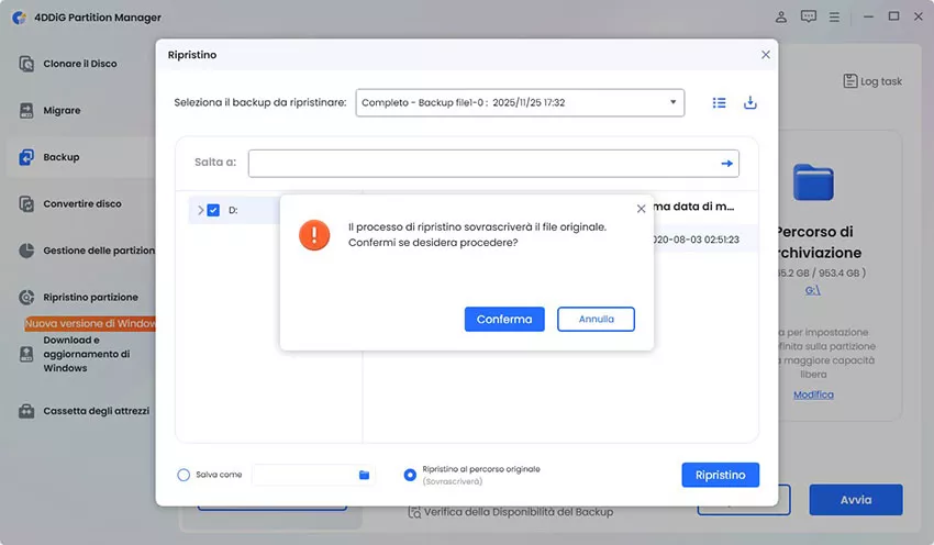 Conferma il ripristino dal backup del file