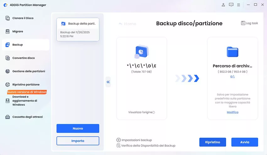 ripristina da disco o backup partizione