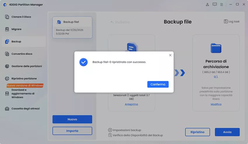 ripristina backup file con successo