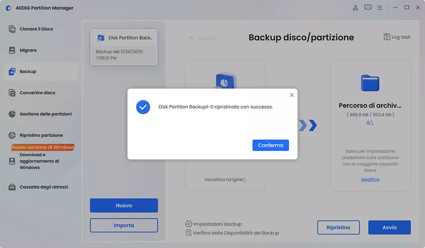 Ripristino partizione completato