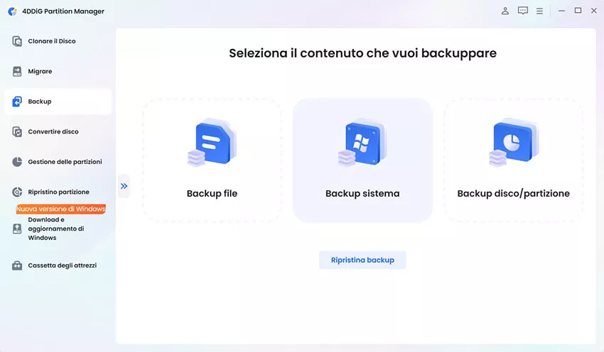 scegliere il backup di sistema