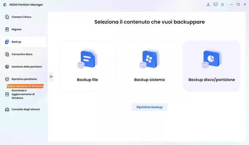 selezionare il backup del disco o della partizione