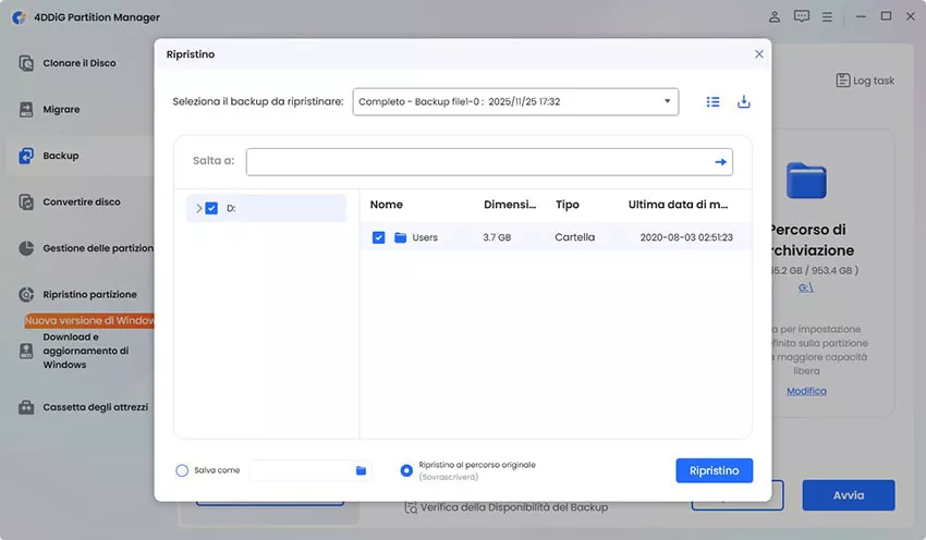 scegli il backup del file da ripristinare