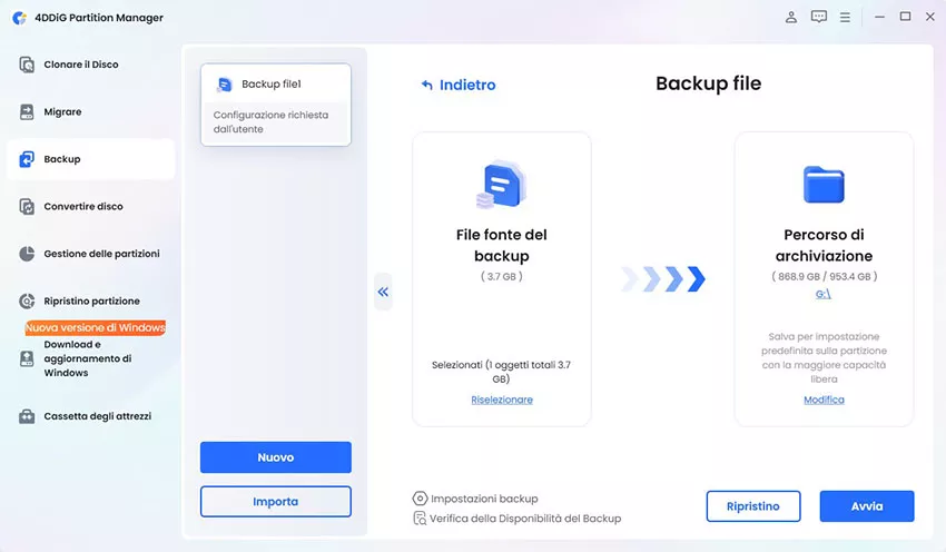 scegliere il percorso di archiviazione e avviare