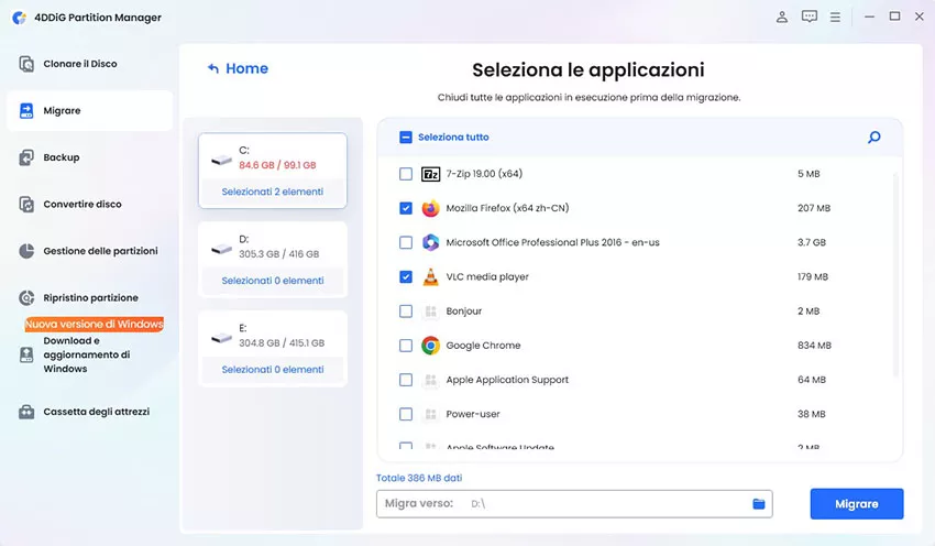 selezionare le applicazioni e il percorso di destinazione