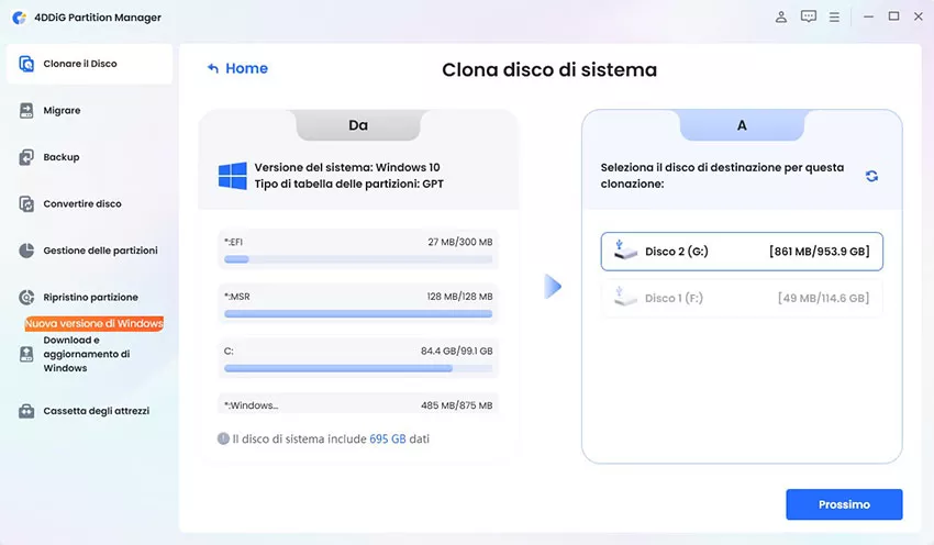 Selezionare un disco di destinazione