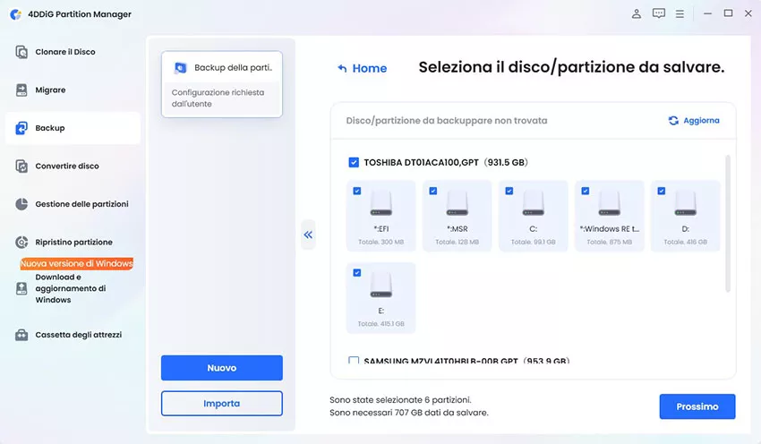 selezionare il disco o la partizione da sottoporre a backup
