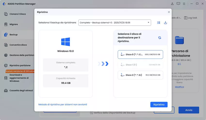 Selezionare il backup e il disco di destinazione da ripristinare