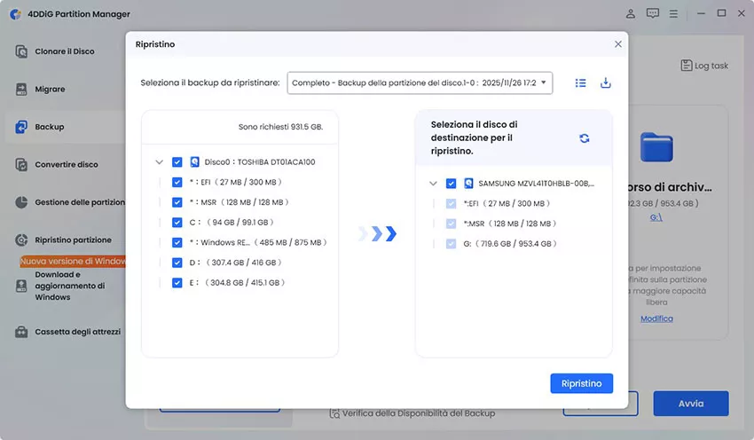 Selezionare il disco o la partizione di backup