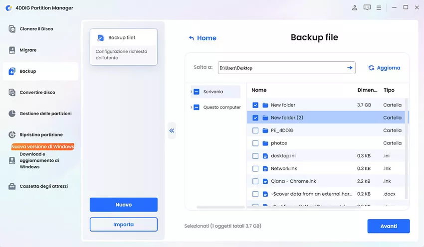 scegliere i file da sottoporre a backup