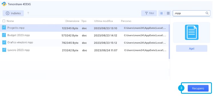 anteprima e recupero dei file