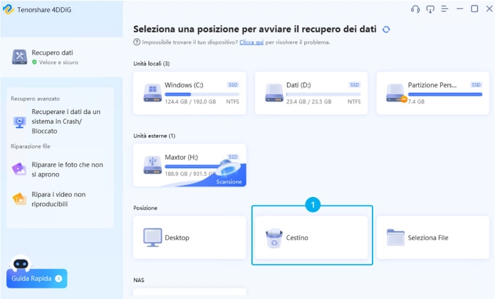 Selezionare la posizione per avviare il recupero dei dati