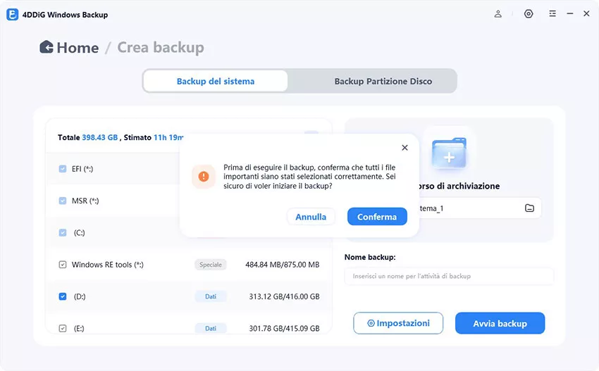 Clicca su Avvia e conferma per eseguire il backup