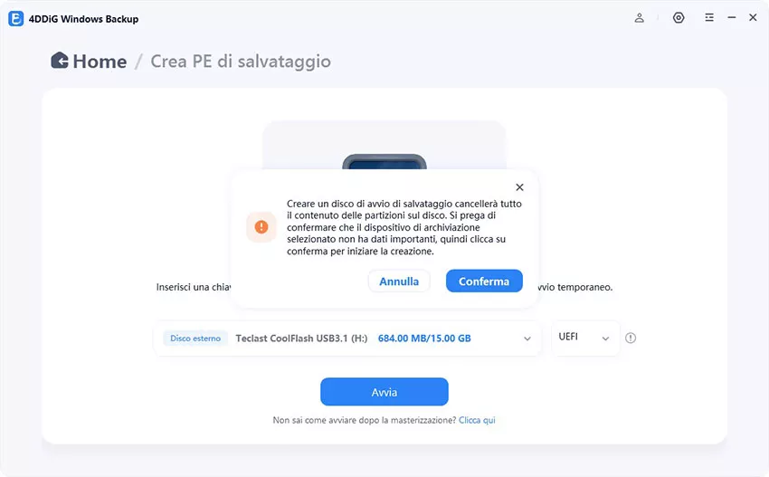 Conferma la masterizzazione dell'USB