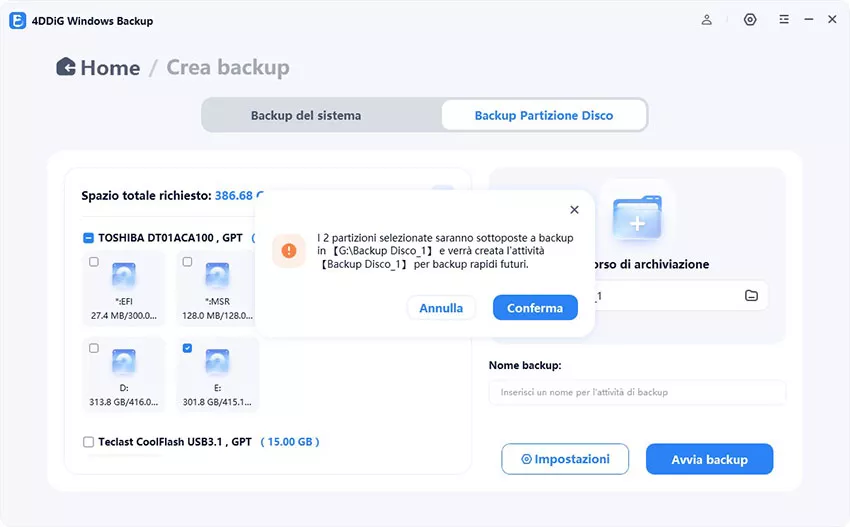 Clicca su Avvia e conferma per eseguire il backup