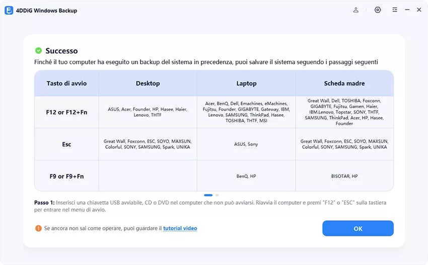 creare USB di ripristino con successo
