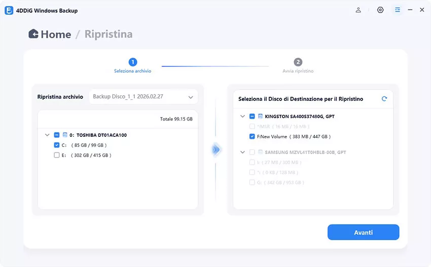 selezionare l'archivio e le partizioni da ripristinare