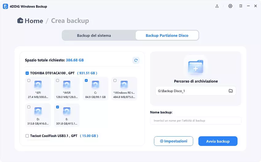 Selezionare le partizioni da sottoporre a backup e la destinazione