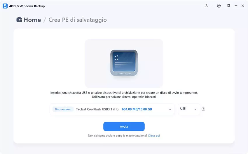 seleziona la chiavetta USB da masterizzare e clicca su Avvia