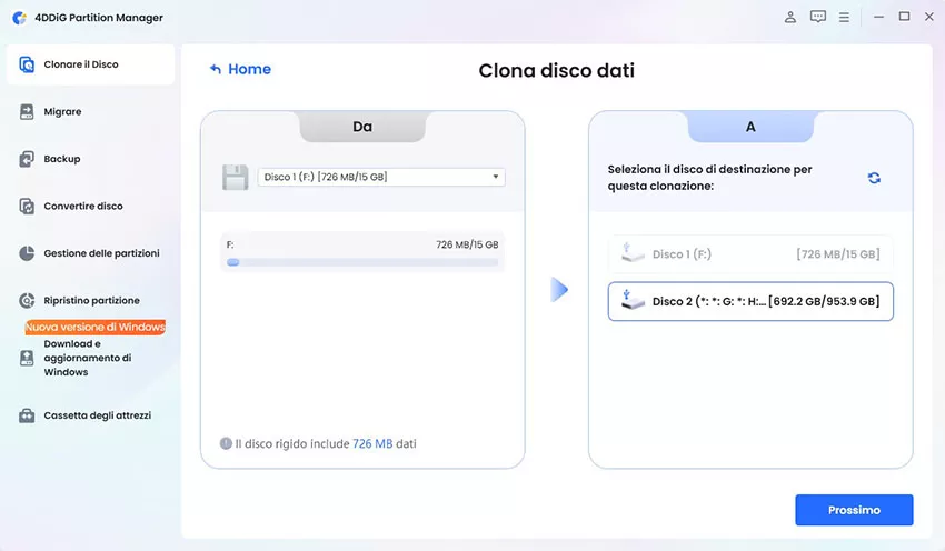 Selezionare un disco di destinazione